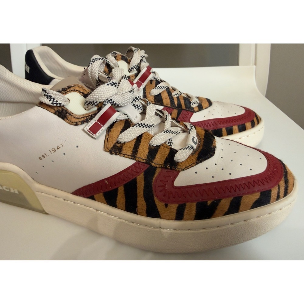 Coach CitySole Court Sneakers White Leather Tiger Print Calf Hair Red size 7 - Picture 11 of 14